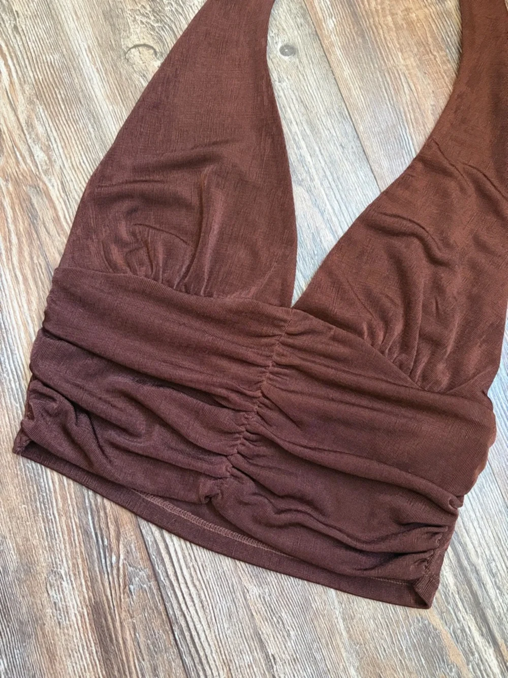 Brown Ruched Halter Crop Top - Picture 2 of 7